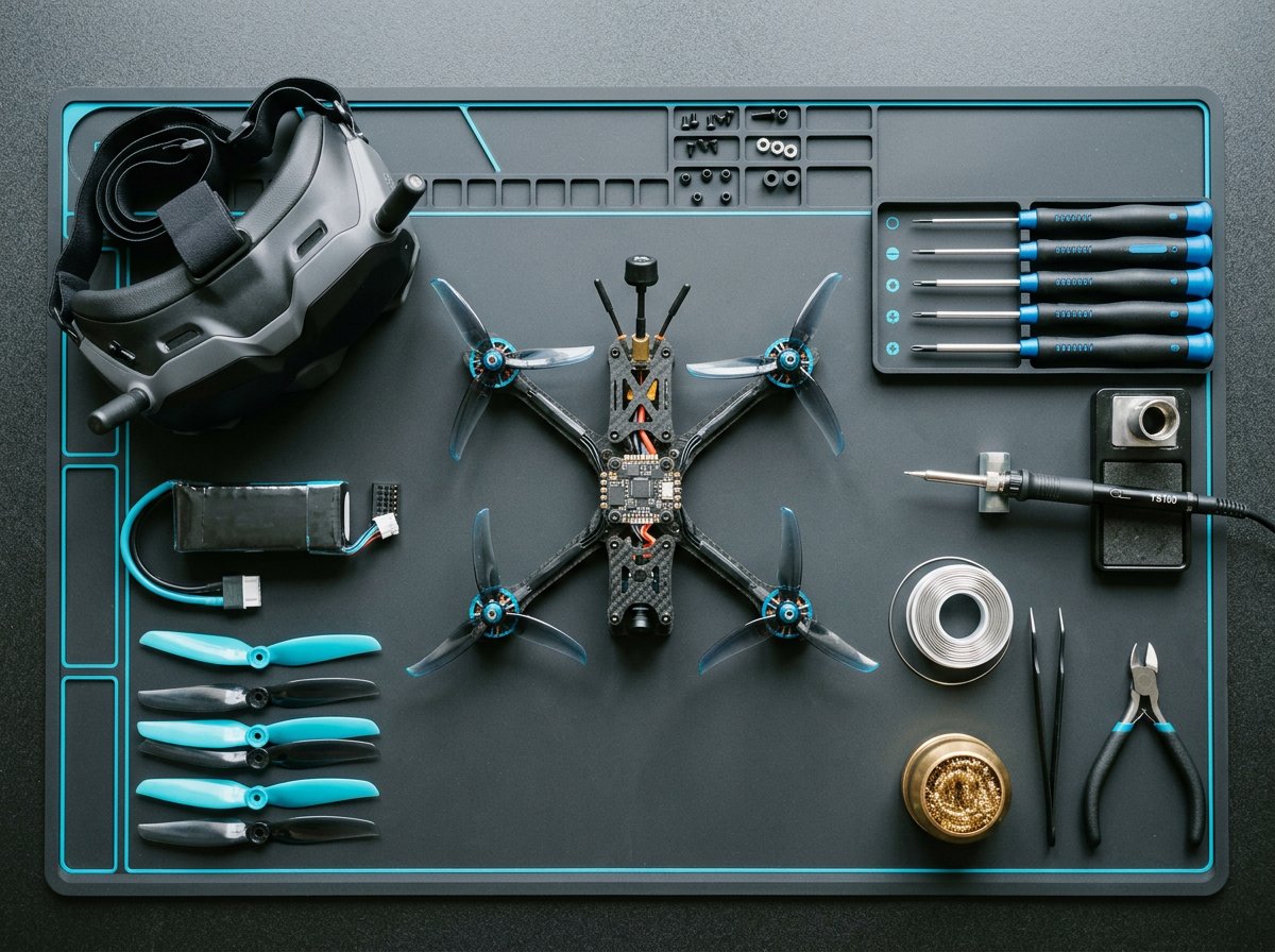 Close view of precision drone hardware on a technical workbench