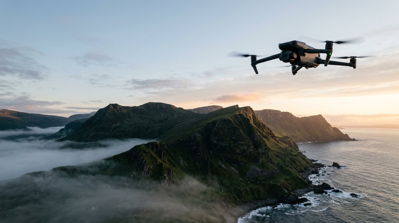 Camera drone flying over a misty coastal ridgeline at dawn